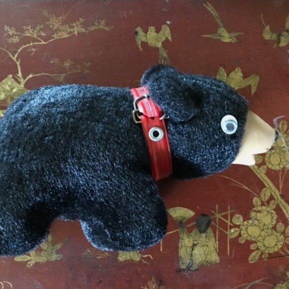 Vintage Black Plush Bear w/ Red Plastic Collar & Googly Eyes – MCM - Picture 1 of 1